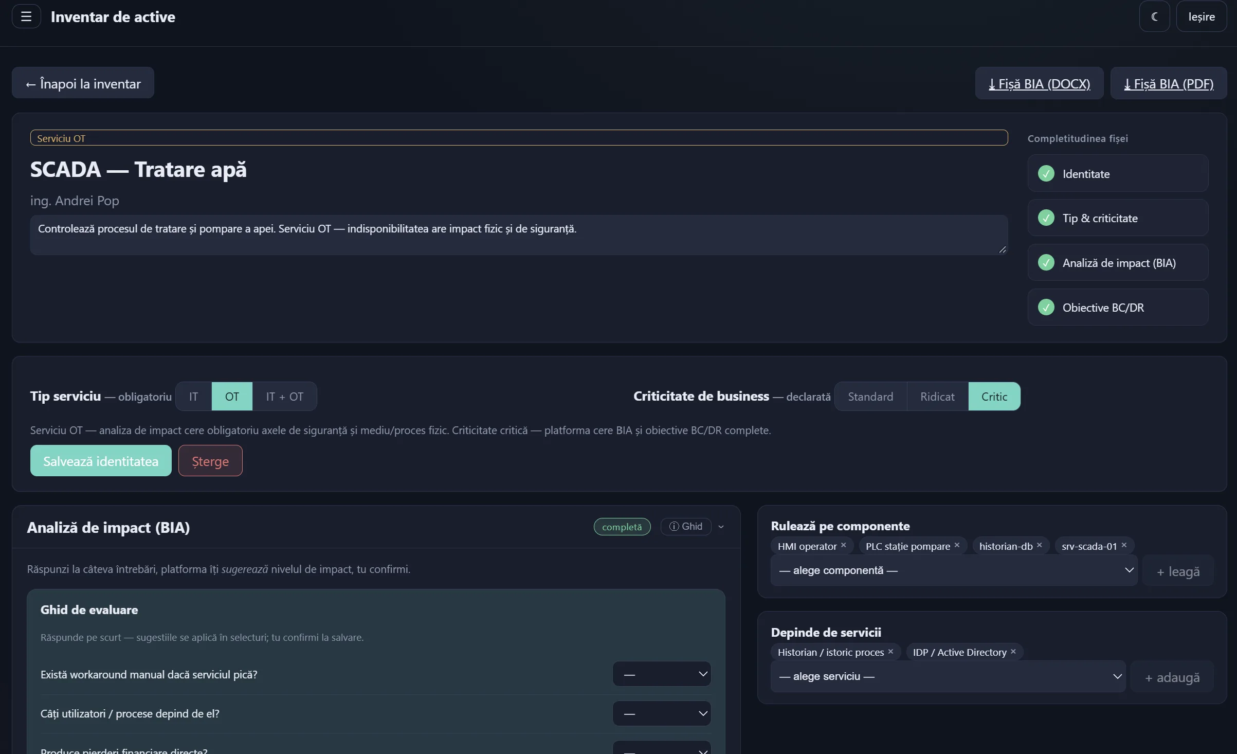 SafeNIS2 — Analiză de impact pe serviciu (BIA) și obiective de continuitate